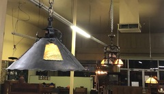 Vintage Arts and Crafts chandelier with four slag-glass windows, long chain and ceiling cap